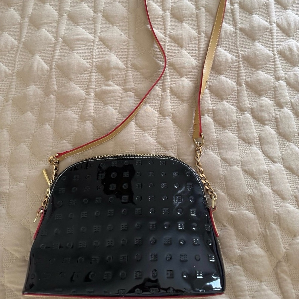 Arcadia crossbody bag - black patent leather with tan strap